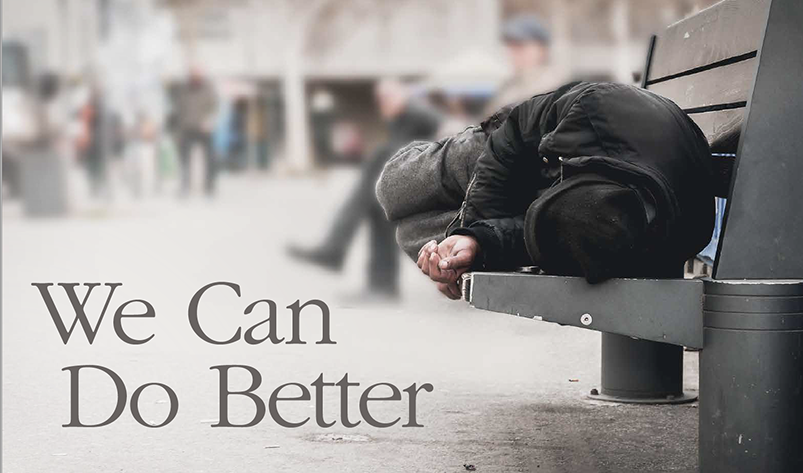 man sleeping on park bench with the headline "We can do better"