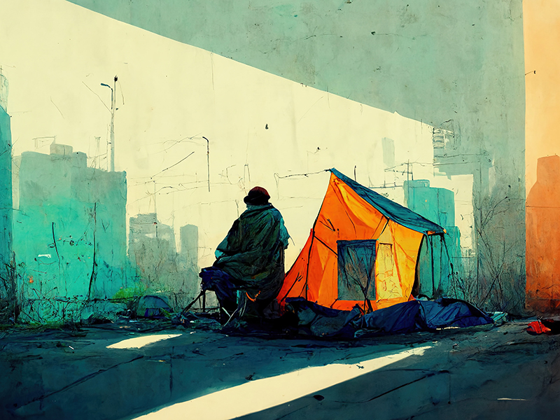 homeless person in front of a tent with city background