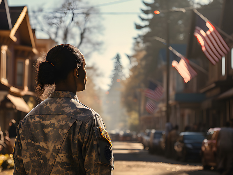 Female soldier on street lined with American flags